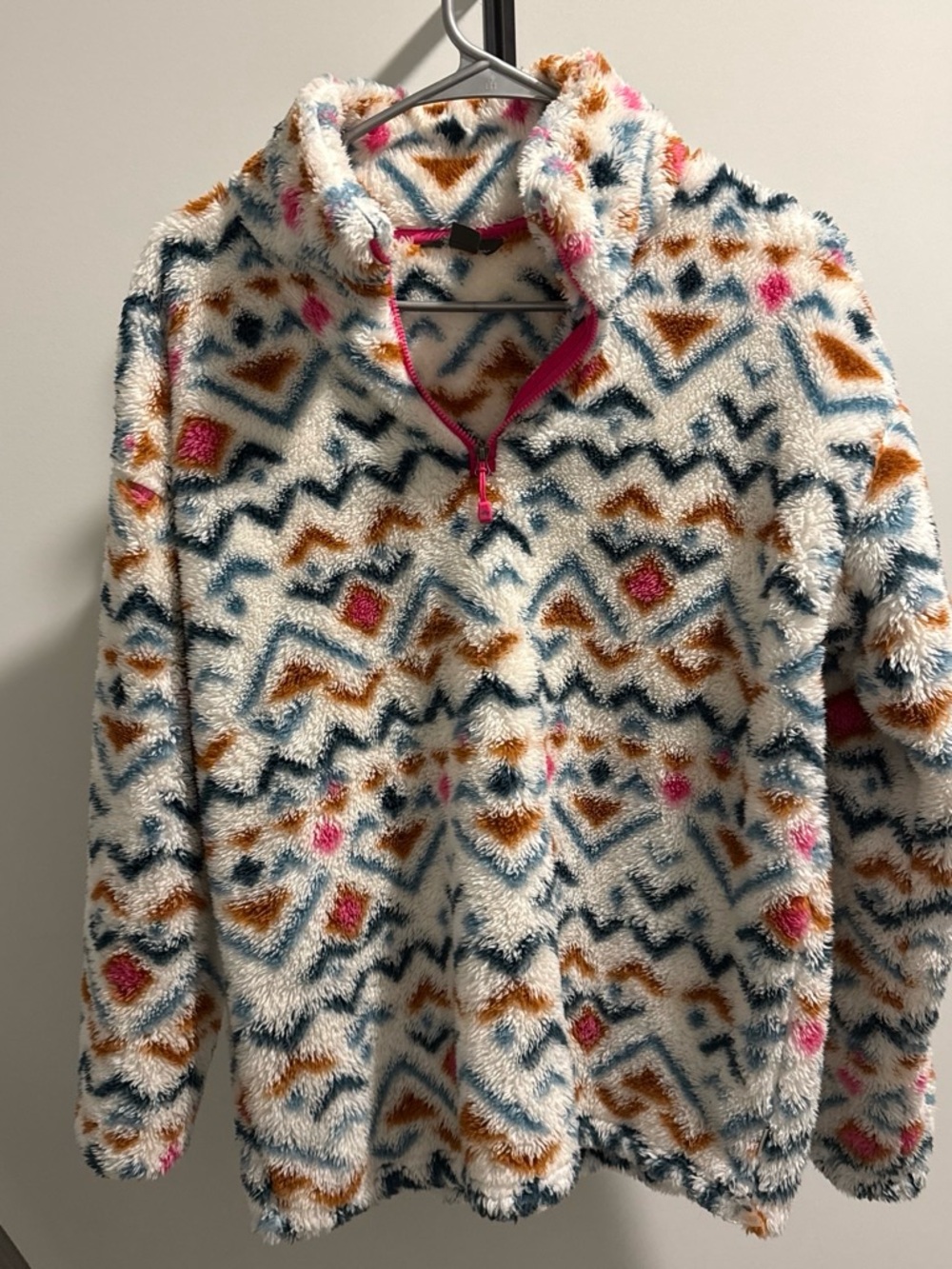 Eddie Bauer Cream Sherpa Pullover with Blue, Brown & Pink Pattern